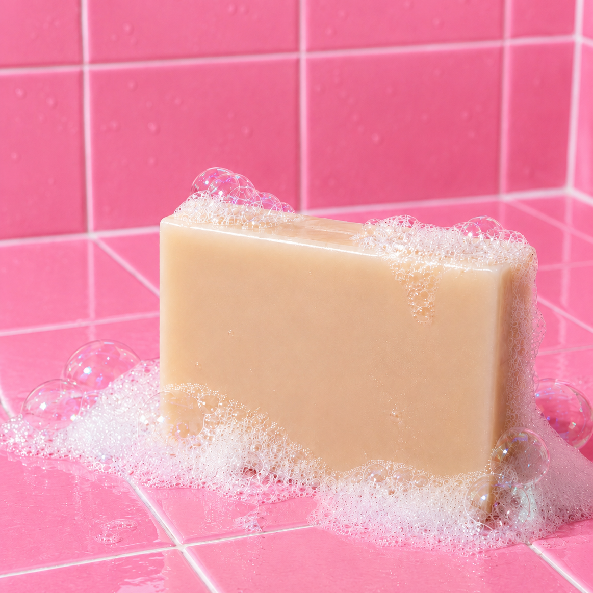 Sea Moss Soap Bar with bubbles on a pink tiled bathroom counter. Sea Moss Soap b BE So Selfish